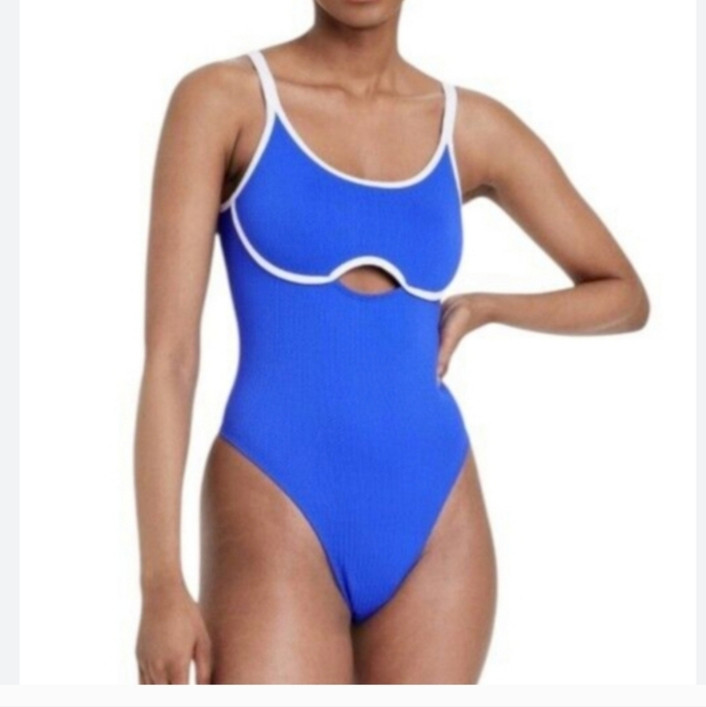 Women's L Contrast Trim Keyhole Bodysuit - Colsie Stunning Blue L